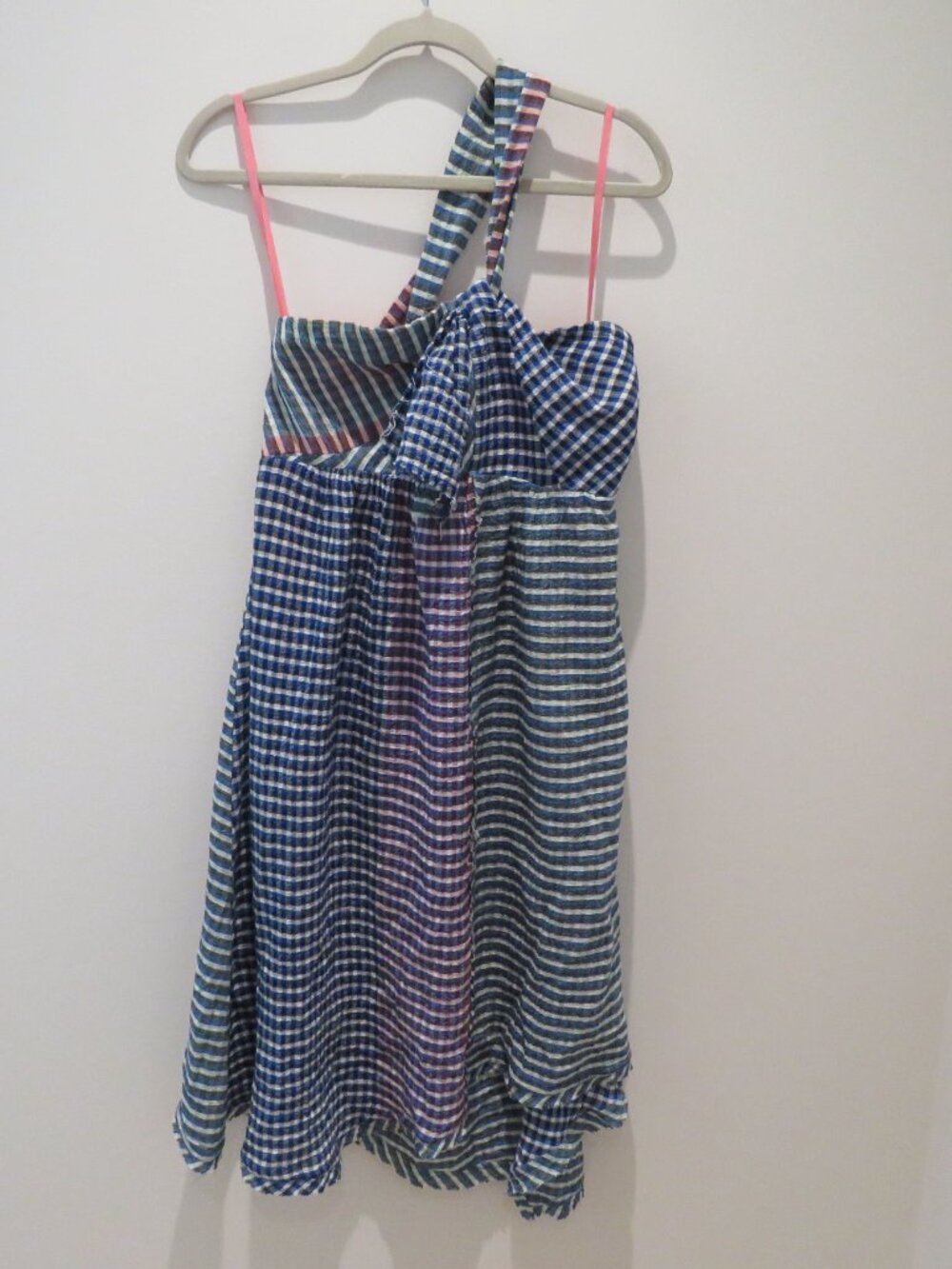 ANTHROPOLOGIE MAEVE Waverly Gingham One Shoulder Dress 4 Petite Coquette Twee - Picture 2 of 14